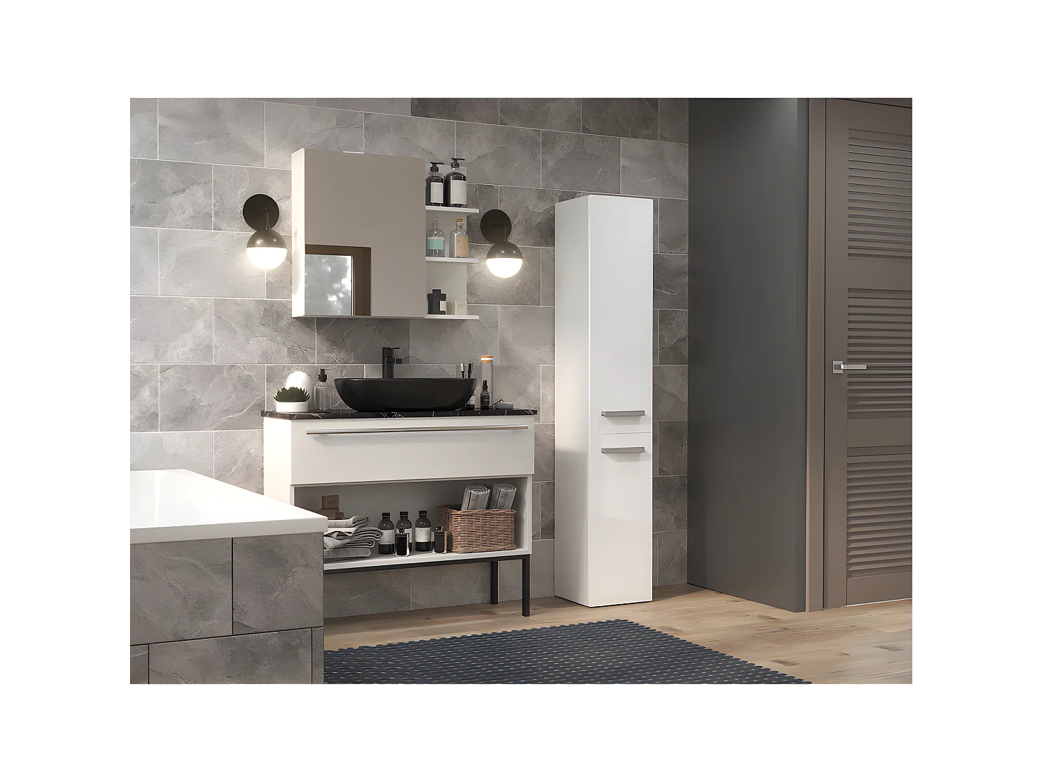 YANA - Meuble salle de bain avec panier à linge - 31x30x174cm - Colonne rangement SDB