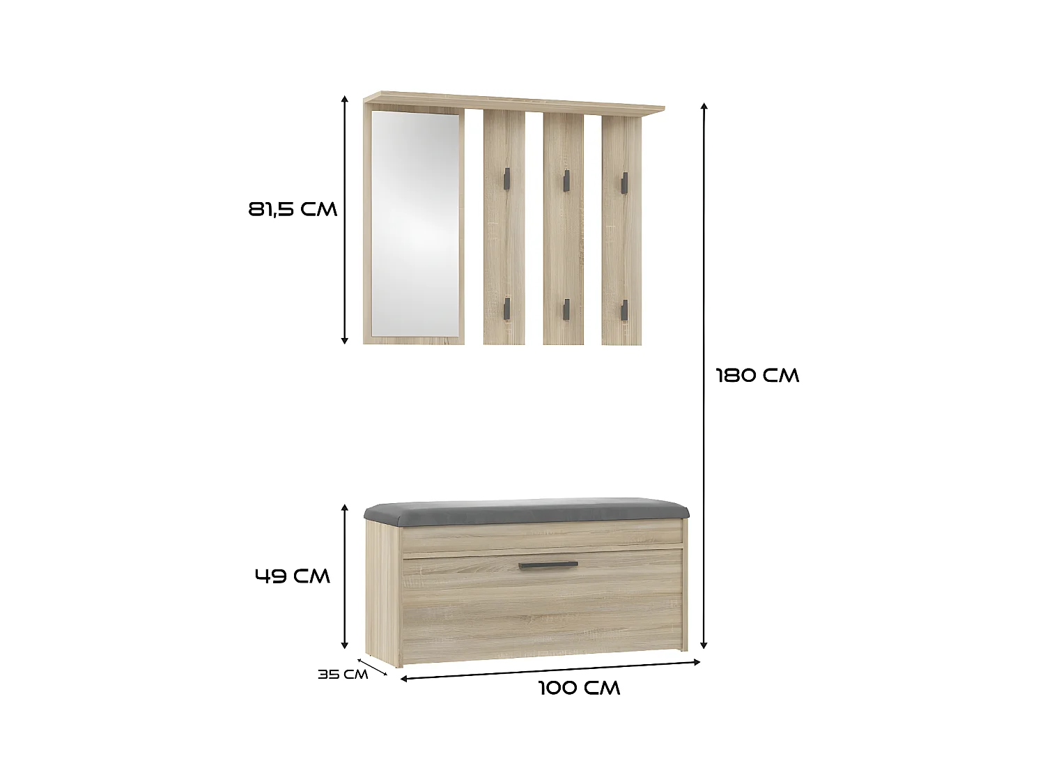 PARMI - Guardarropa de entrada - Mueble de entrada con banco y espejo - Perchero de pared