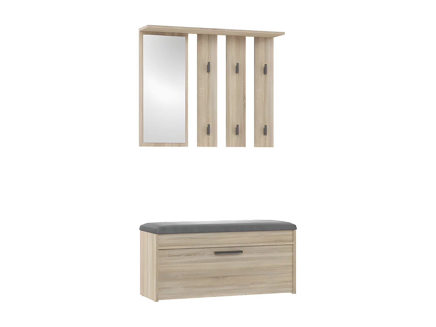 CDF Garderobe Parma | Farbe: Eiche Sonoma | Großer Spiegel | Kleiderbügel | Geräumiger Schuhschrank | Ideal für Diele, Flur | Praktische Ablagen | Modernes Design