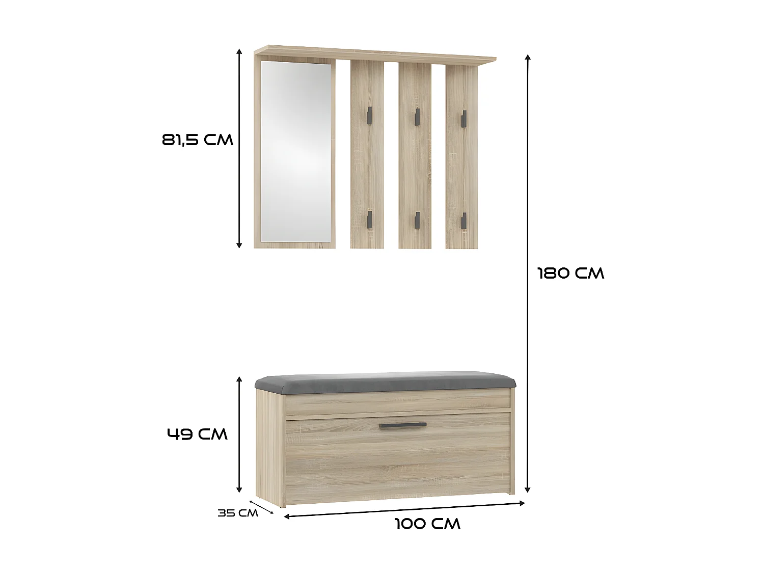 CDF Garderobe Parma | Farbe: Eiche Sonoma | Großer Spiegel | Kleiderbügel | Geräumiger Schuhschrank | Ideal für Diele, Flur | Praktische Ablagen | Modernes Design