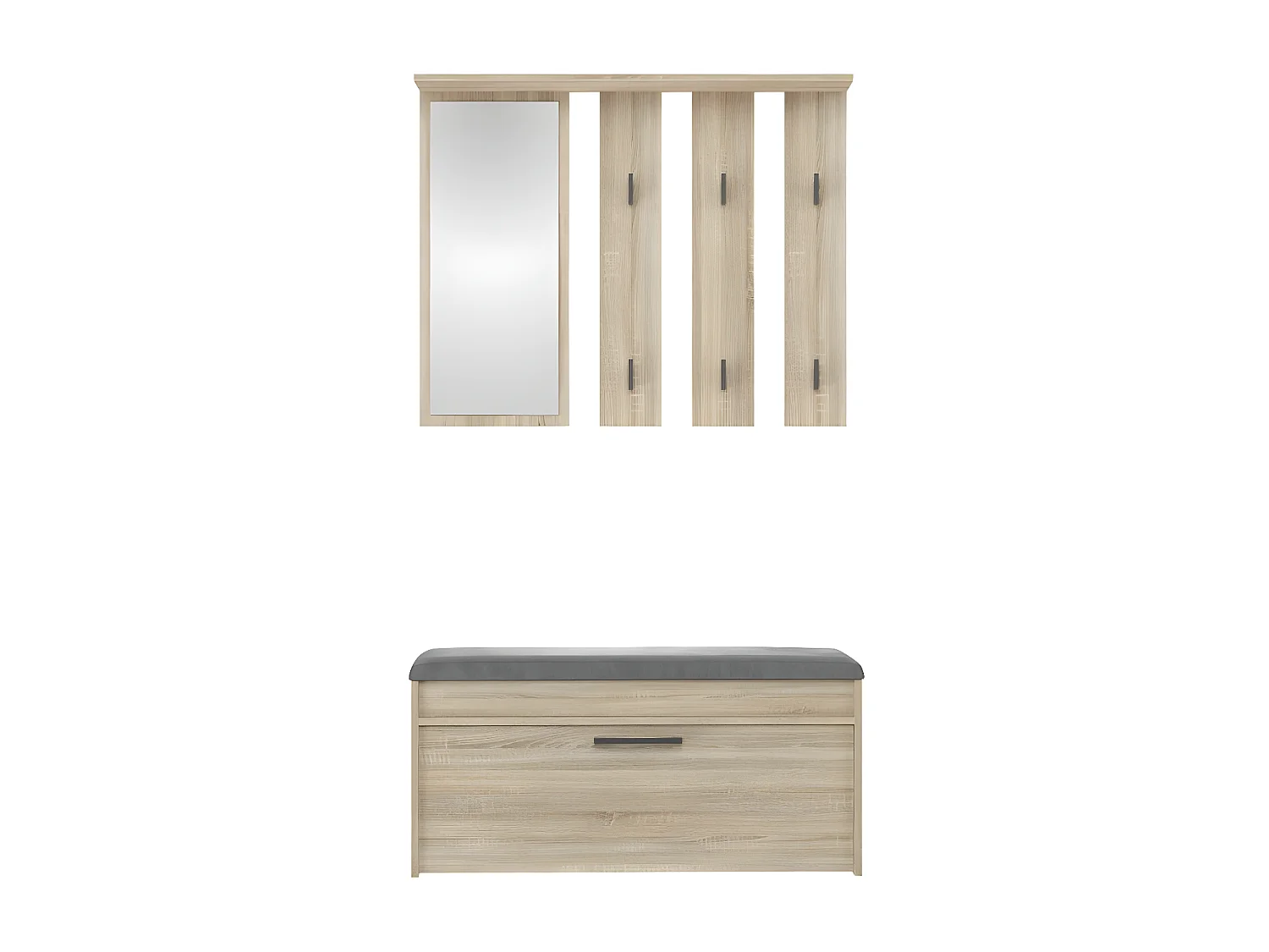 CDF Garderobe Parma | Farbe: Eiche Sonoma | Großer Spiegel | Kleiderbügel | Geräumiger Schuhschrank | Ideal für Diele, Flur | Praktische Ablagen | Modernes Design