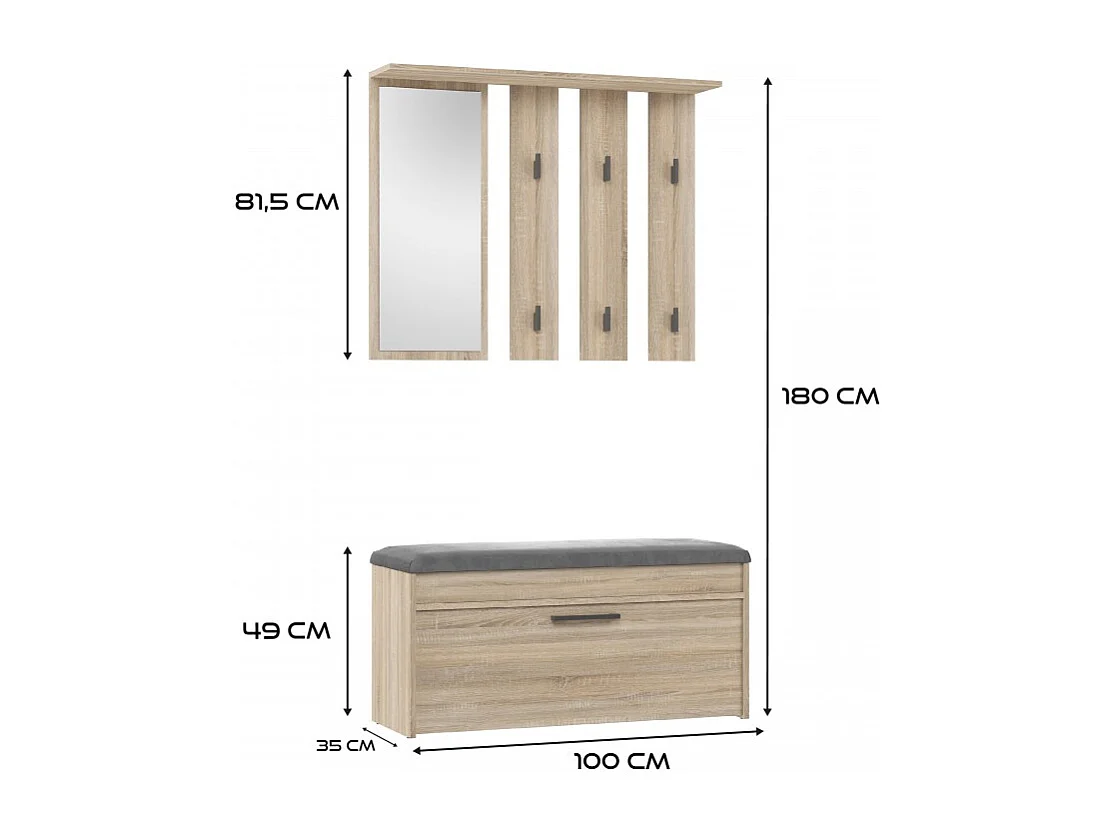 PARMI - Guardarropa de entrada - Mueble de entrada con banco y espejo - Perchero de pared