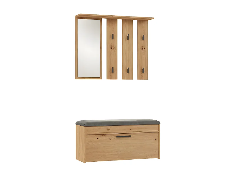 CDF Garderobe Parma | Farbe: Eiche Artisan | Großer Spiegel | Kleiderbügel | Geräumiger Schuhschrank | Ideal für Diele, Flur | Praktische Ablagen | Modernes Design