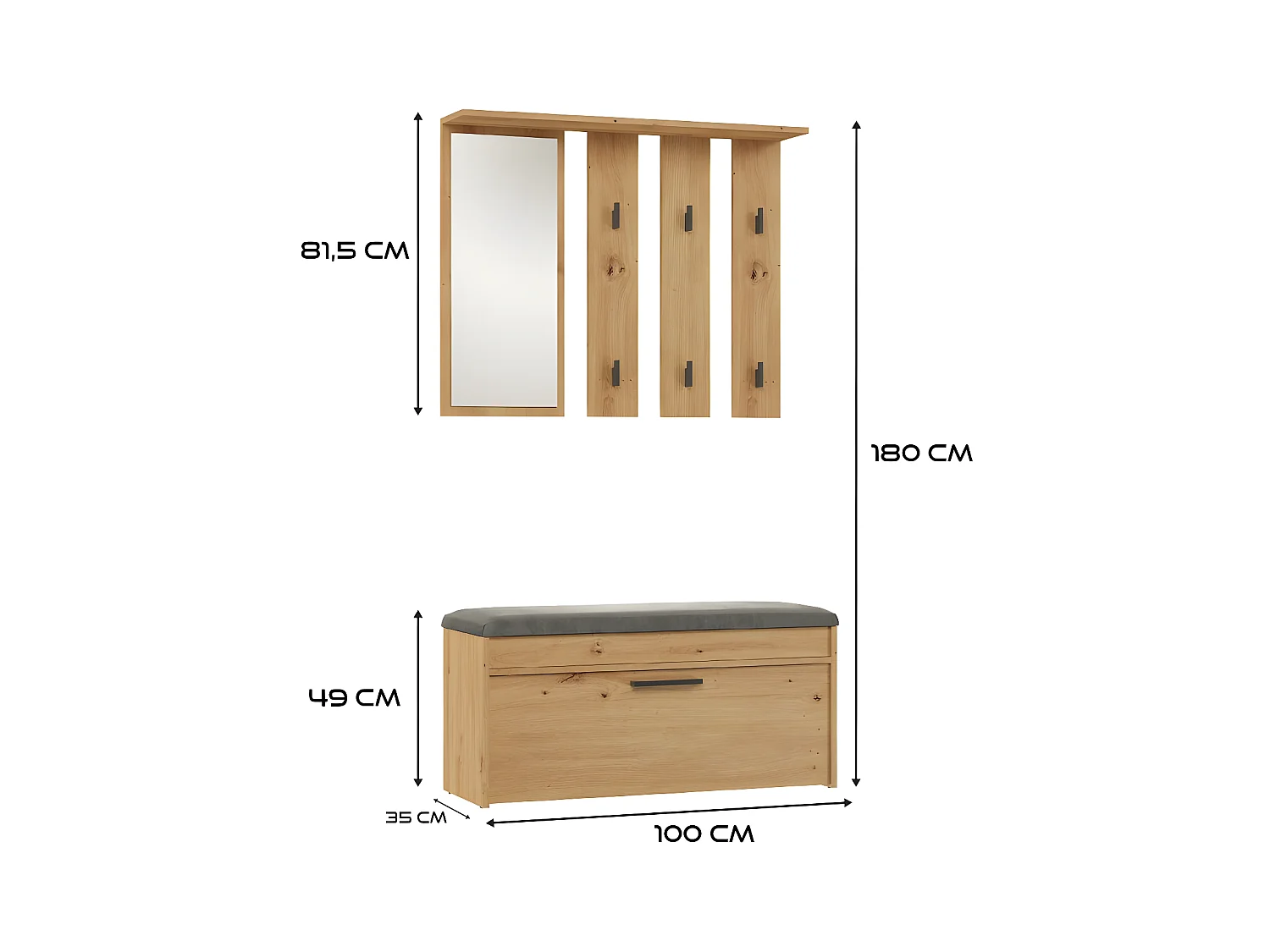 PARMI - Guardarropa de entrada - Mueble de entrada con banco y espejo - Perchero de pared