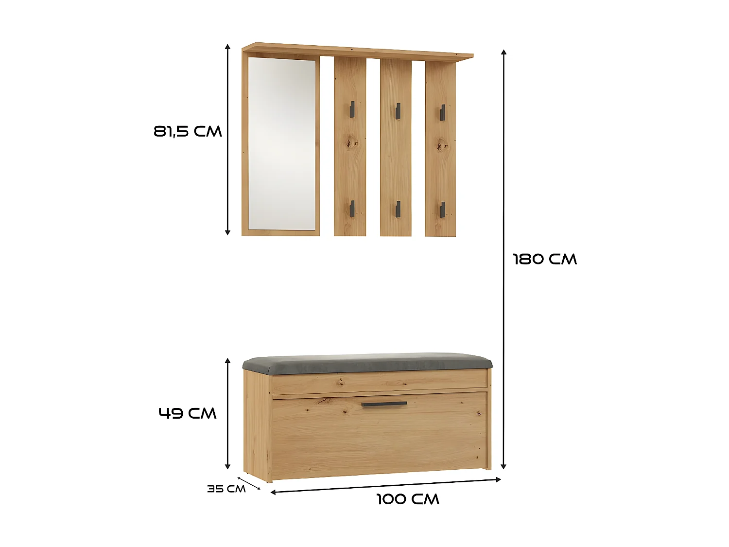 PARMI - Vestiaire d'entrée - Meuble d'entrée avec banc et miroir - Portmanteau Patère murale