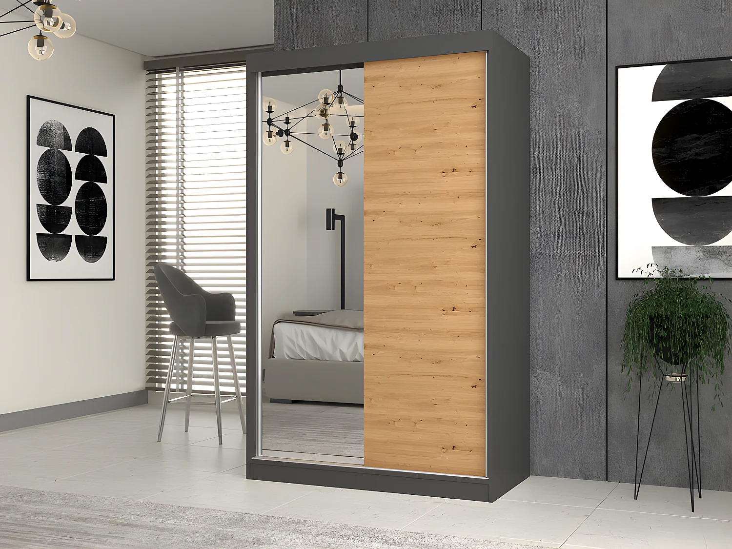 PAOLO - Armoire à 2 portes coulissantes - 1 miroir - L. 120 cm - Dressing de chambre 2 portes
