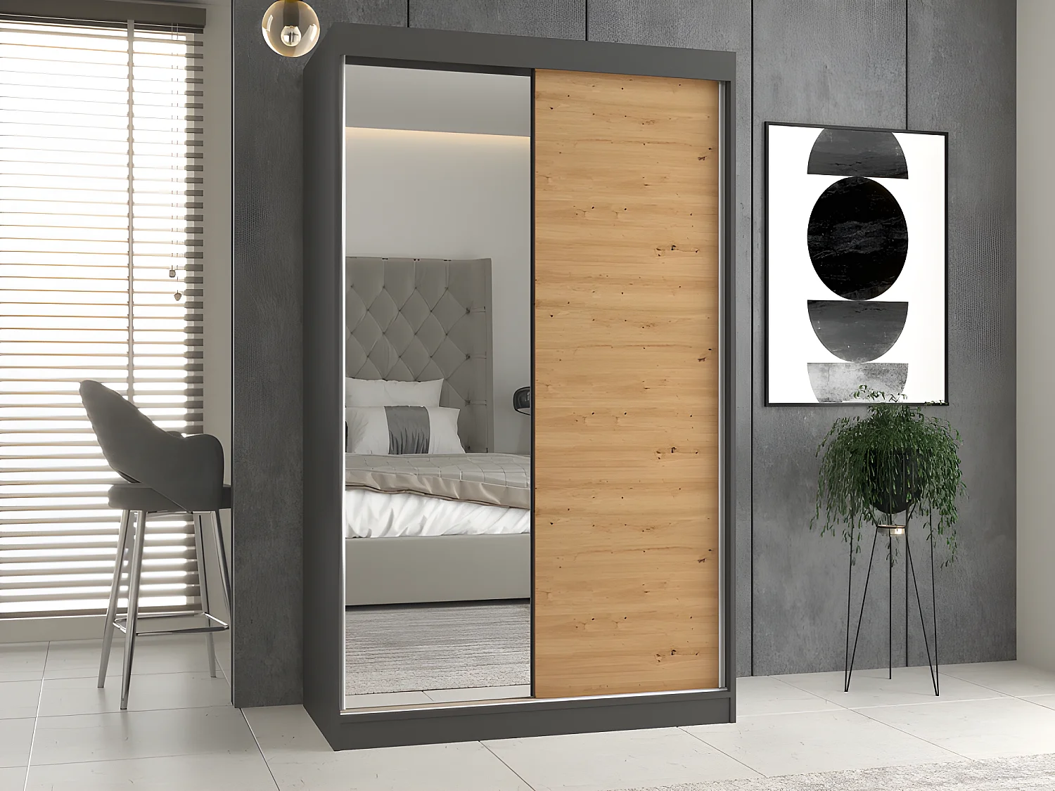 PAOLO - Armoire à 2 portes coulissantes - 1 miroir - L. 120 cm - Dressing de chambre 2 portes