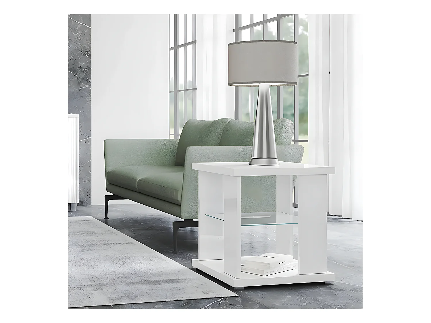 MARIKA - Table d'Appoint Laquée Blanche avec Etagère Verre