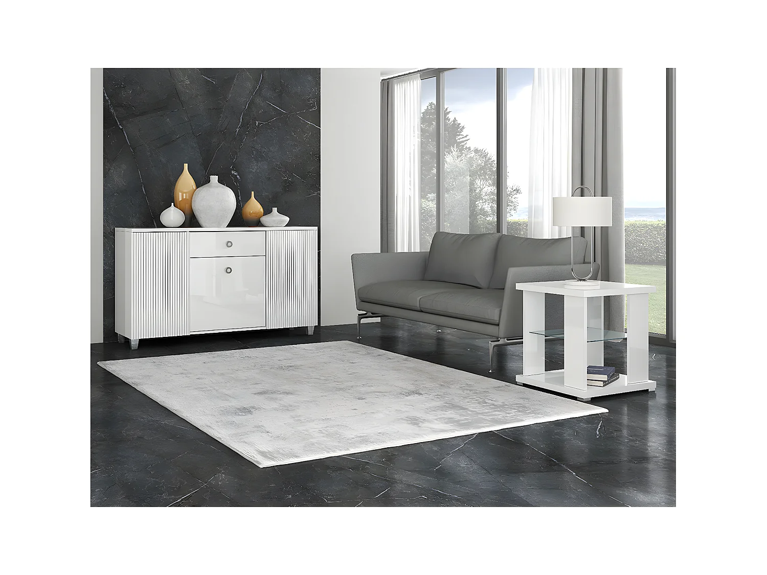 MARIKA - Table d'Appoint Laquée Blanche avec Etagère Verre