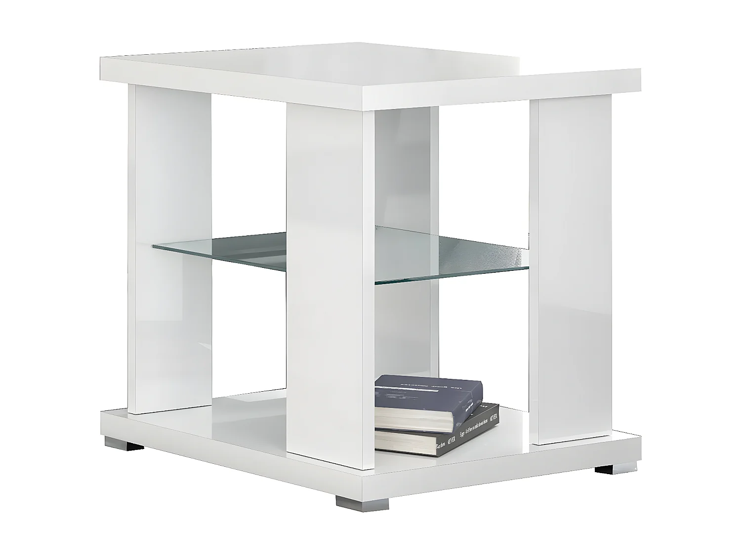 MARIKA - Table d'Appoint Laquée Blanche avec Etagère Verre