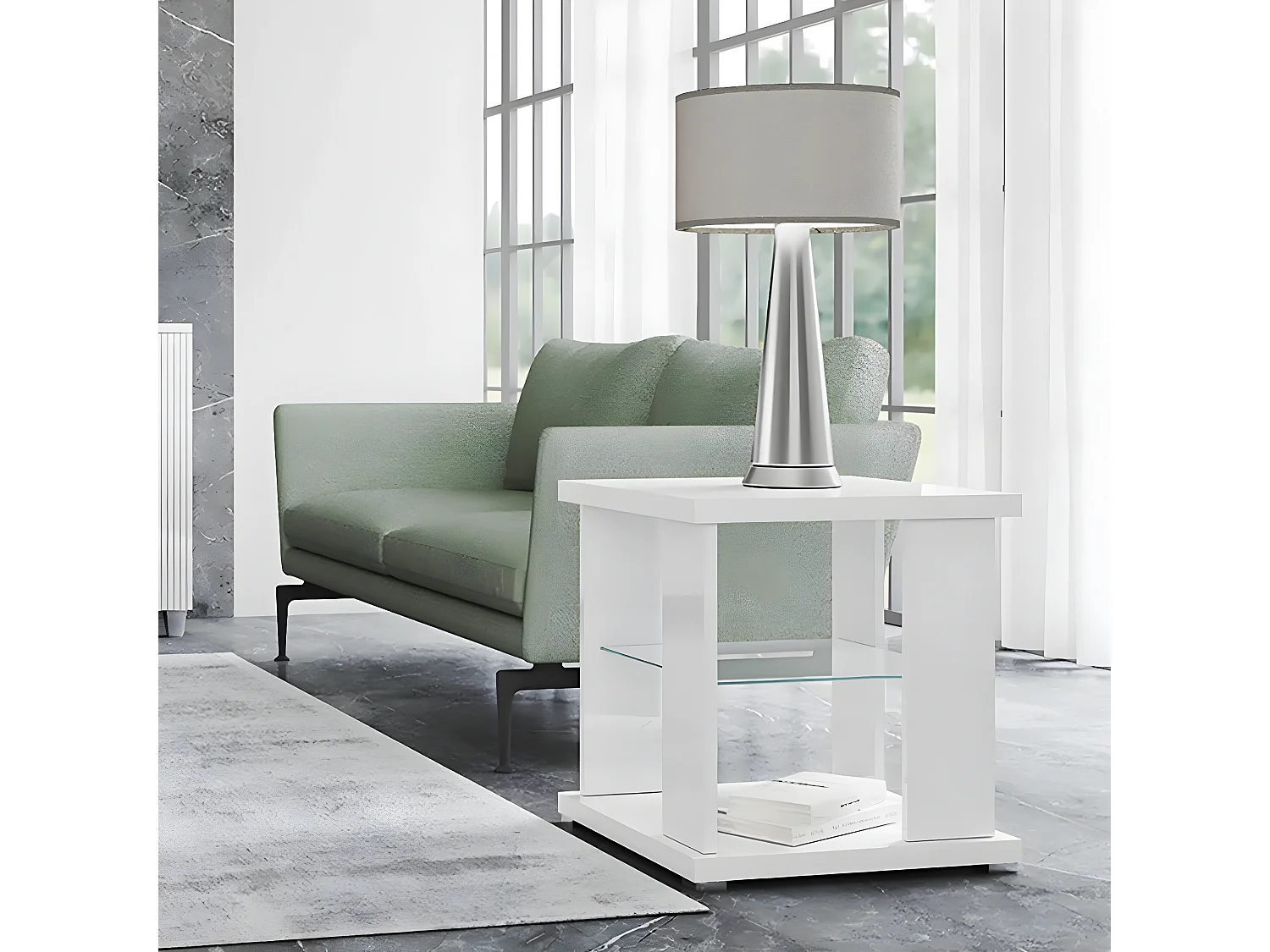 MARIKA - Table d'Appoint Laquée Blanche avec Etagère Verre