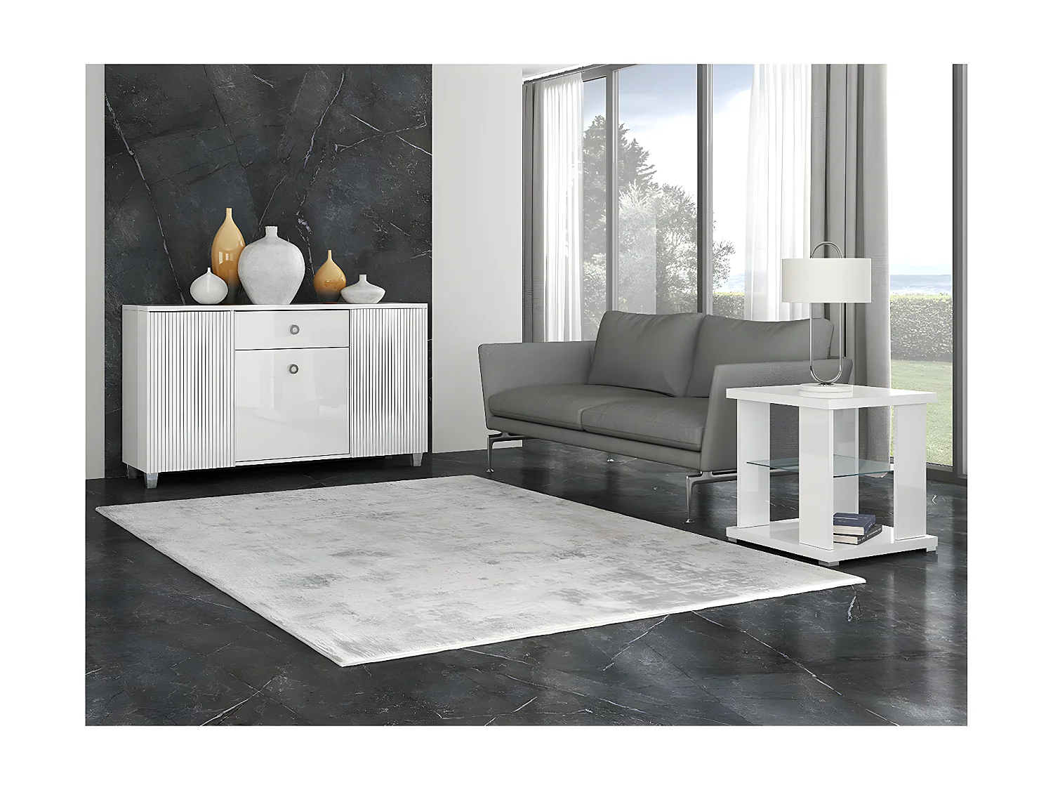 MARIKA - Table d'Appoint Laquée Blanche avec Etagère Verre