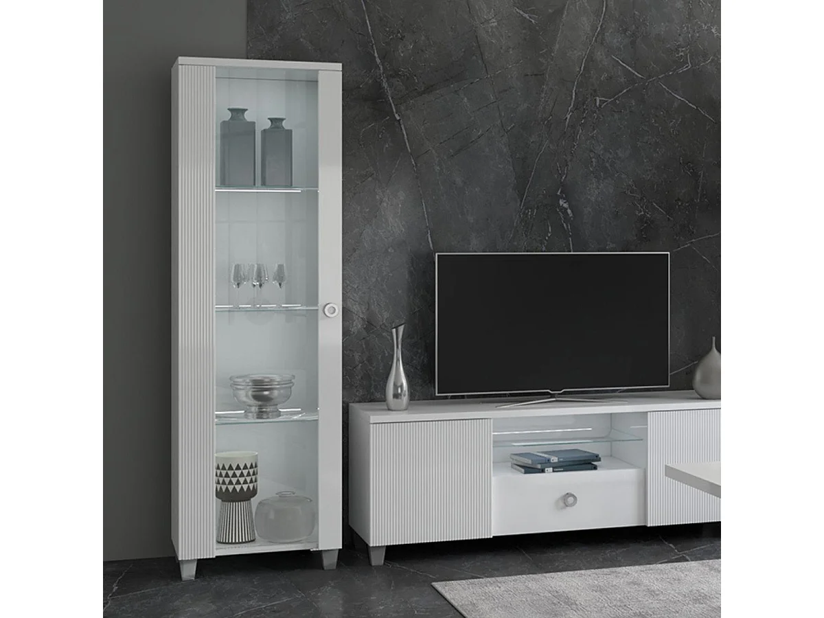 MARIKA - Vitrine 1 Porte Gauche Laquée Blanche avec Leds