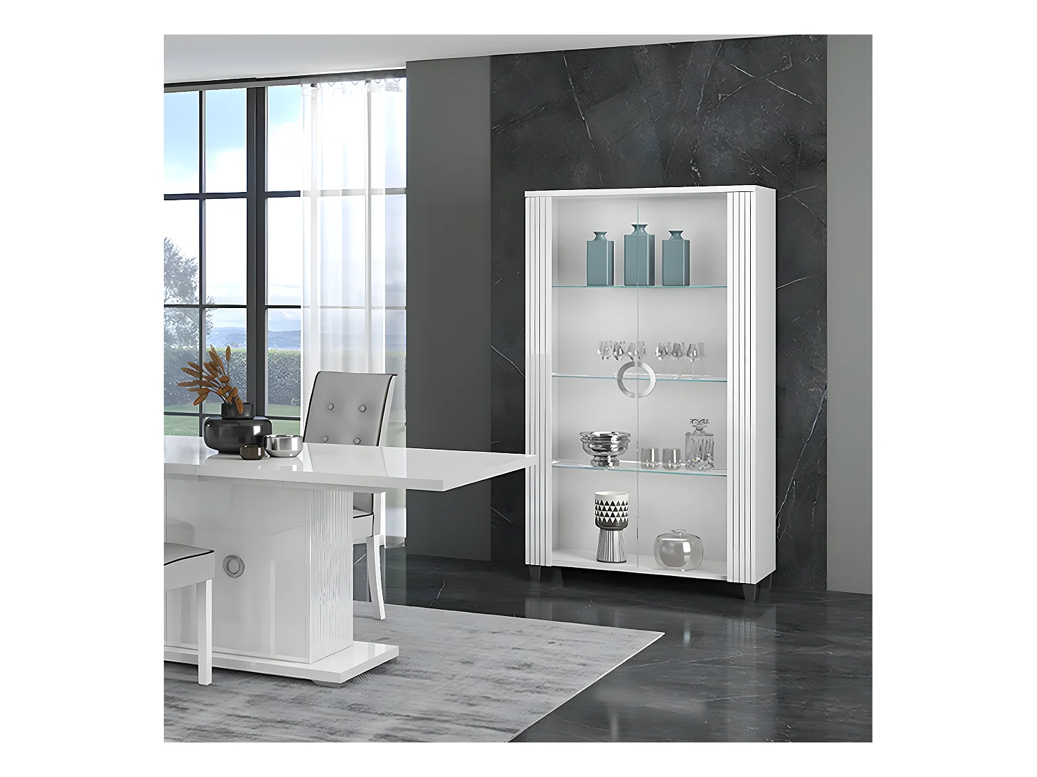 MARIKA - Argentier 2 Porte Laqué Blanc avec Leds