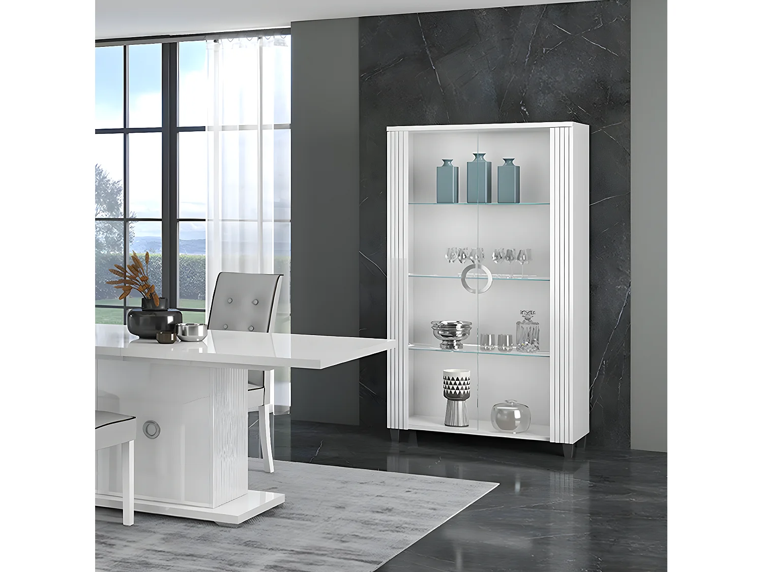 MARIKA - Argentier 2 Porte Laqué Blanc avec Leds