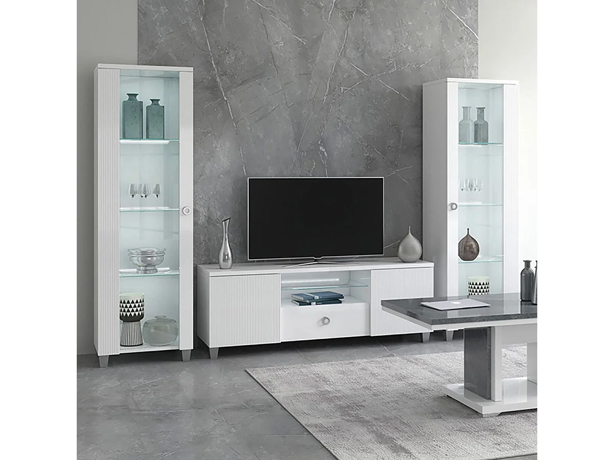 MARIKA - Vitrine 1 Porte Droite Laquée Blanche avec Leds