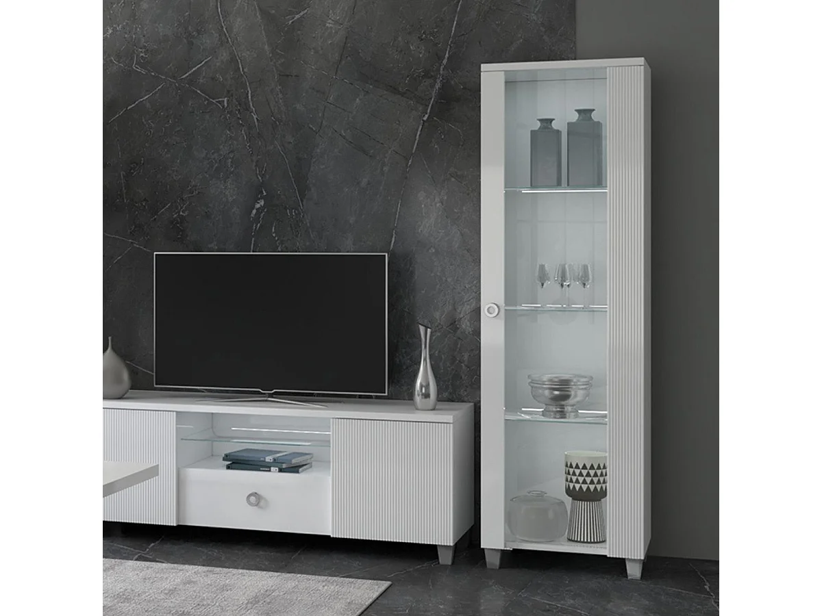 MARIKA - Vitrine 1 Porte Droite Laquée Blanche avec Leds