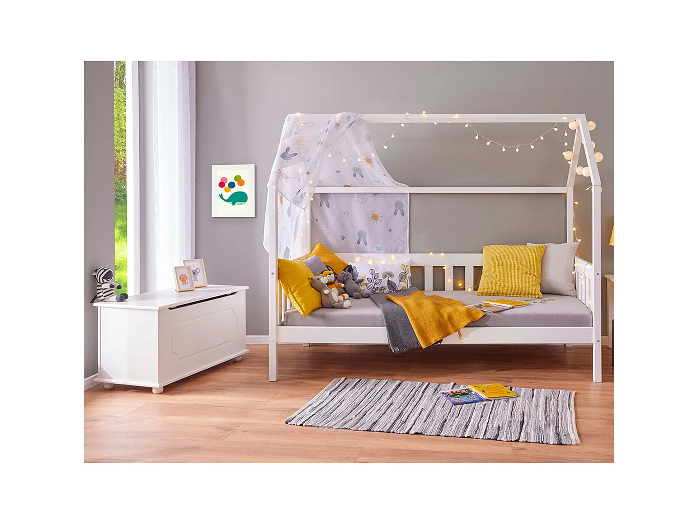 SARRY - Pack Lit Cabane à Barrières 90x200cm + Coffre Pin Massif