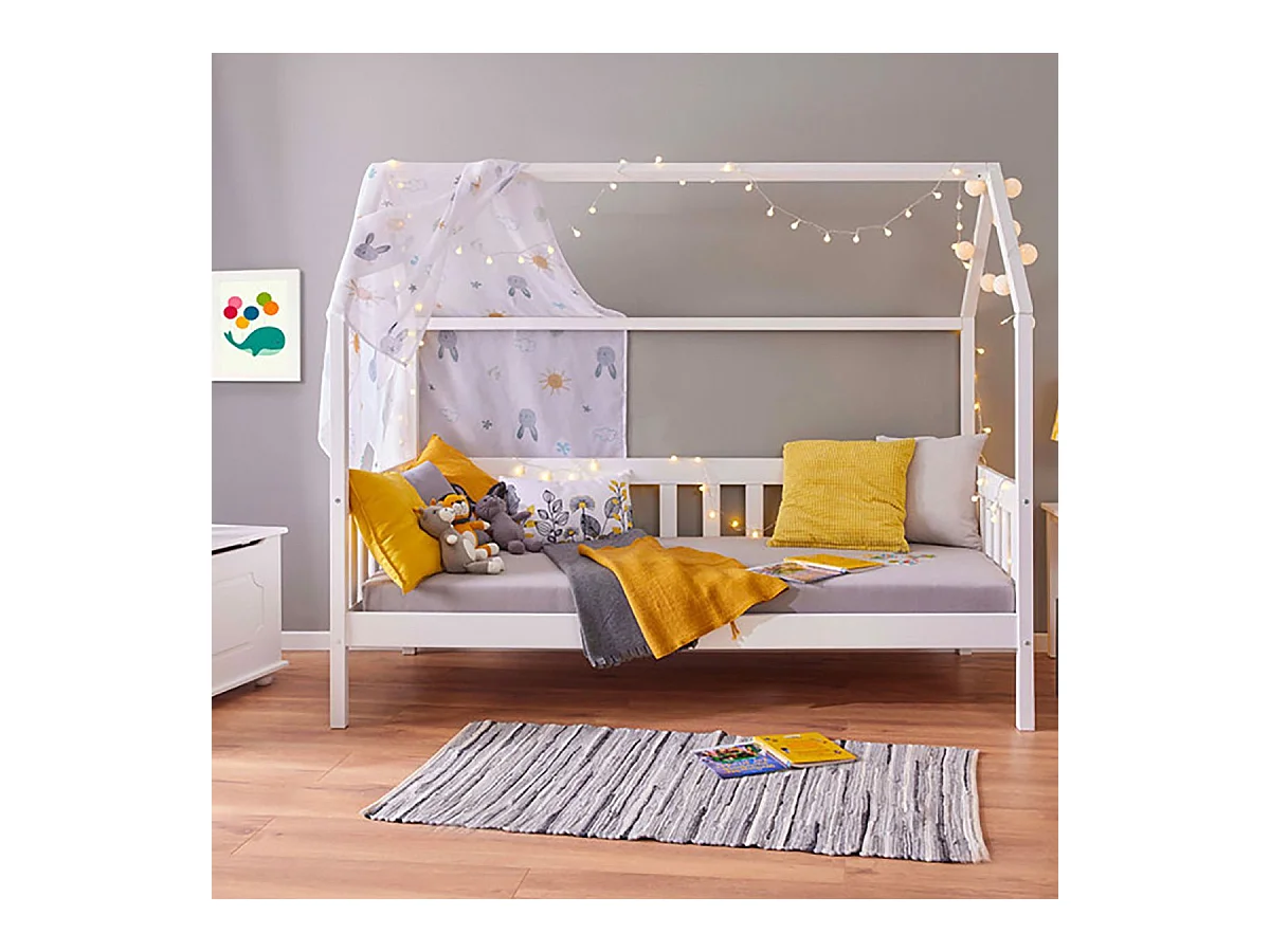 SARRY - Pack Lit Cabane à Barrières 90x200cm + Coffre Pin Massif