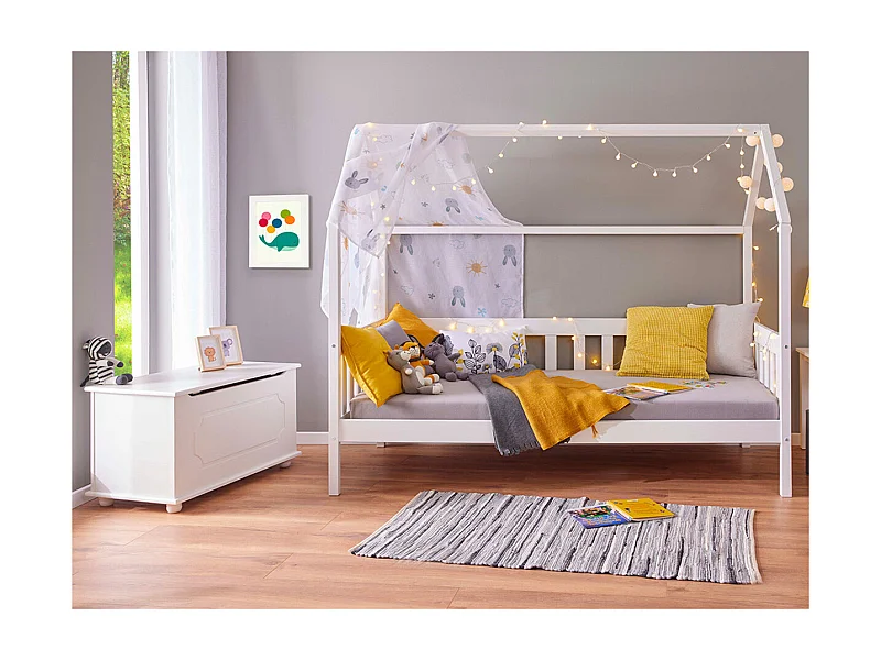 SARRY - Pack Lit Cabane à Barrières 90x200cm + Coffre Pin Massif