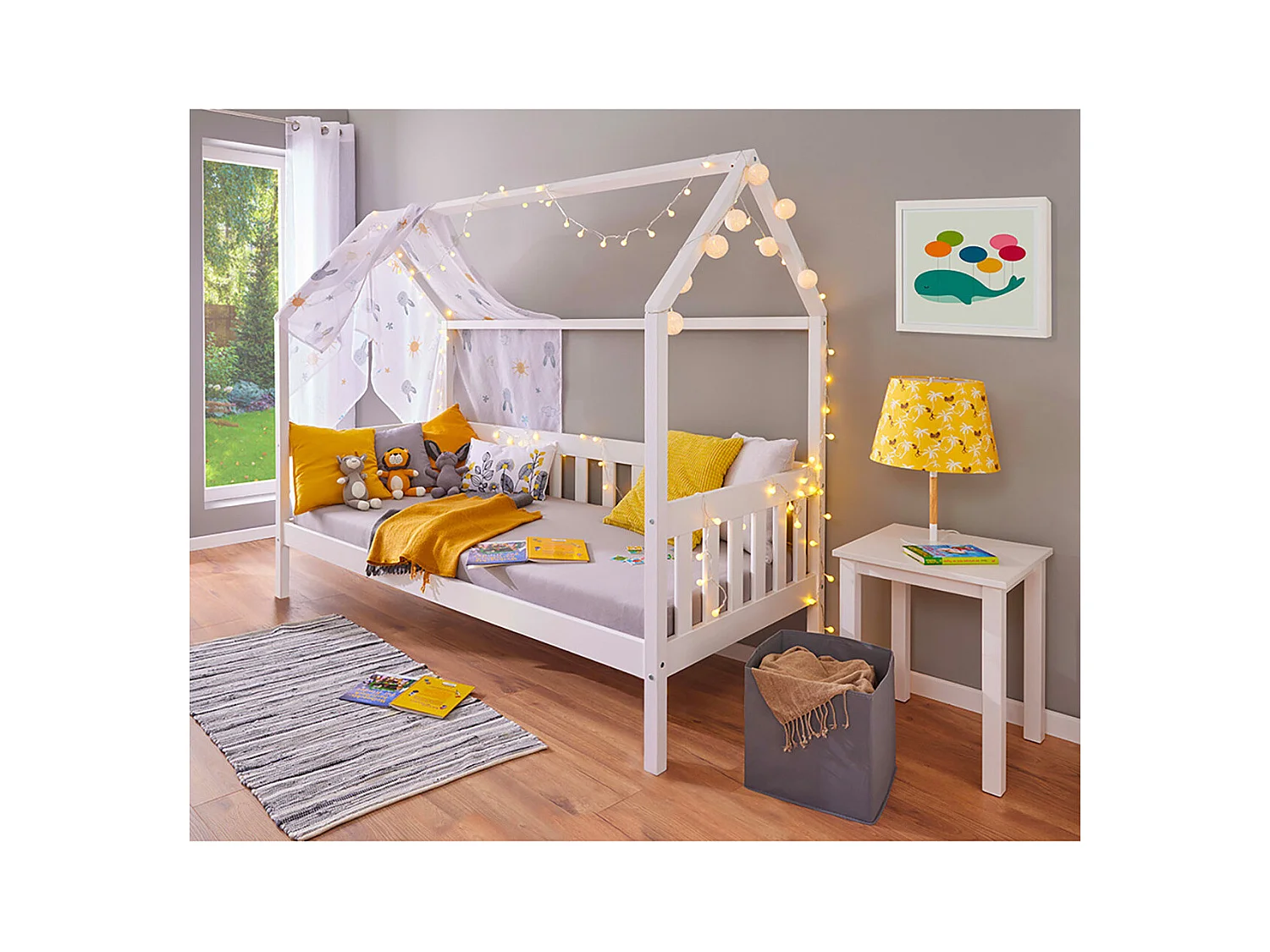 SARRY - Pack Lit Cabane à Barrières 90x200cm + Table de Chevet