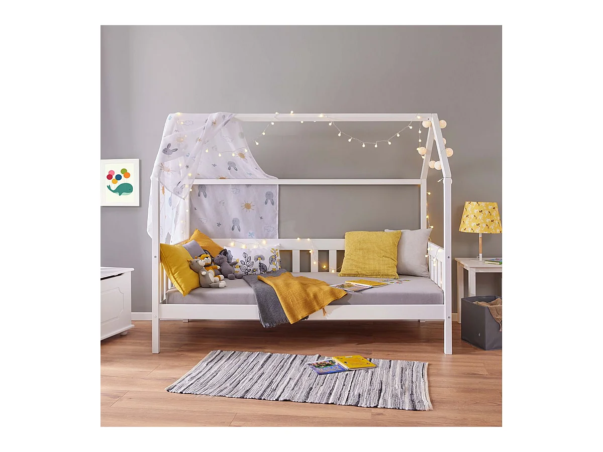 SARRY - Pack Lit Cabane à Barrières 90x200cm + Table de Chevet