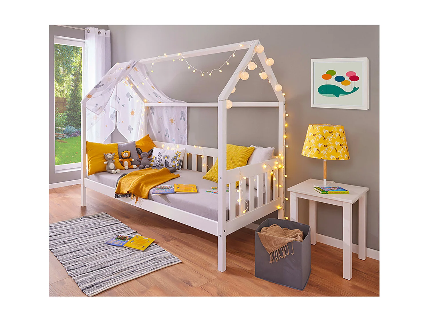 SARRY - Pack Lit Cabane à Barrières 90x200cm + Table de Chevet