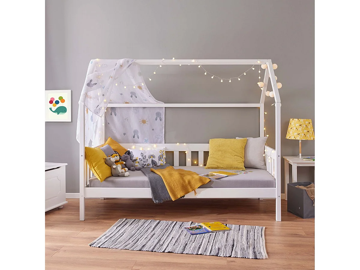 SARRY - Pack Lit Cabane à Barrières 90x200cm + Table de Chevet