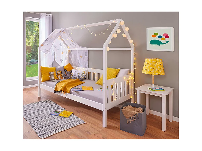 SARRY - Pack Lit Cabane à Barrières 90x200cm + Table de Chevet