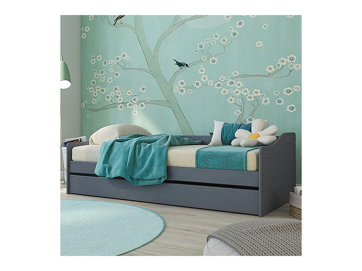 CANTARI - Lit Gigogne 90x200cm en Pin Massif Coloris Gris