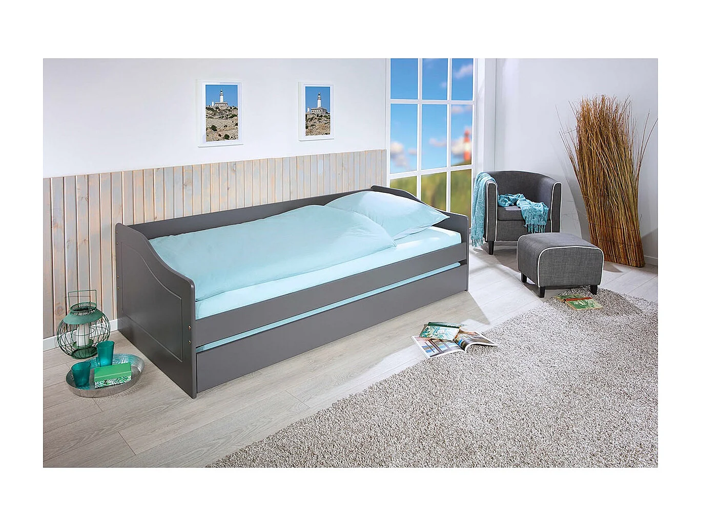 CANTARI - Lit Gigogne 90x200cm en Pin Massif Coloris Gris