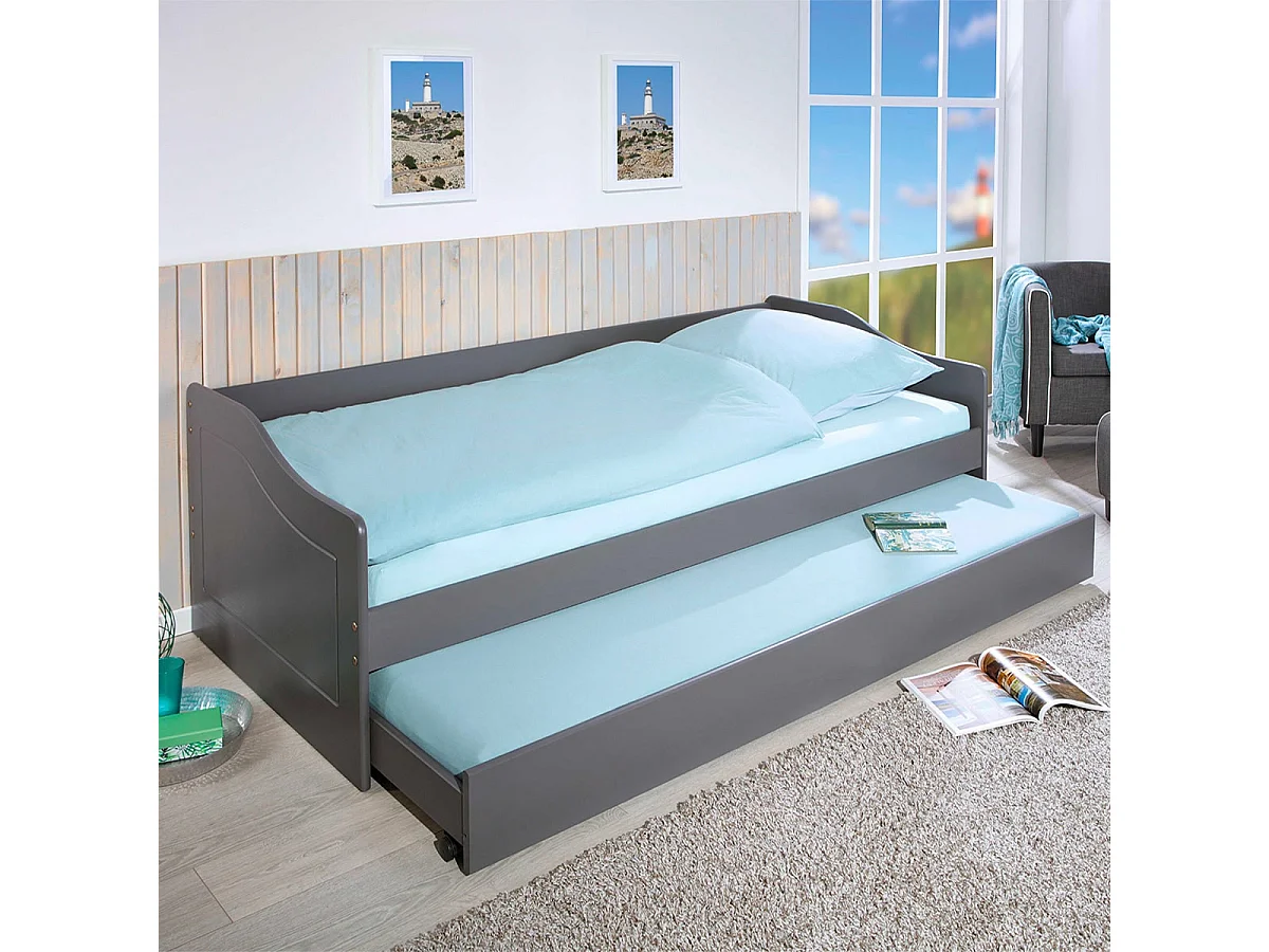 CANTARI - Lit Gigogne 90x200cm en Pin Massif Coloris Gris