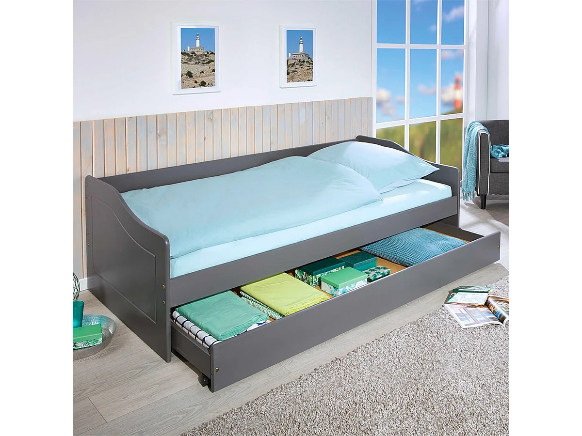 CANTARI - Lit Gigogne 90x200cm en Pin Massif Coloris Gris