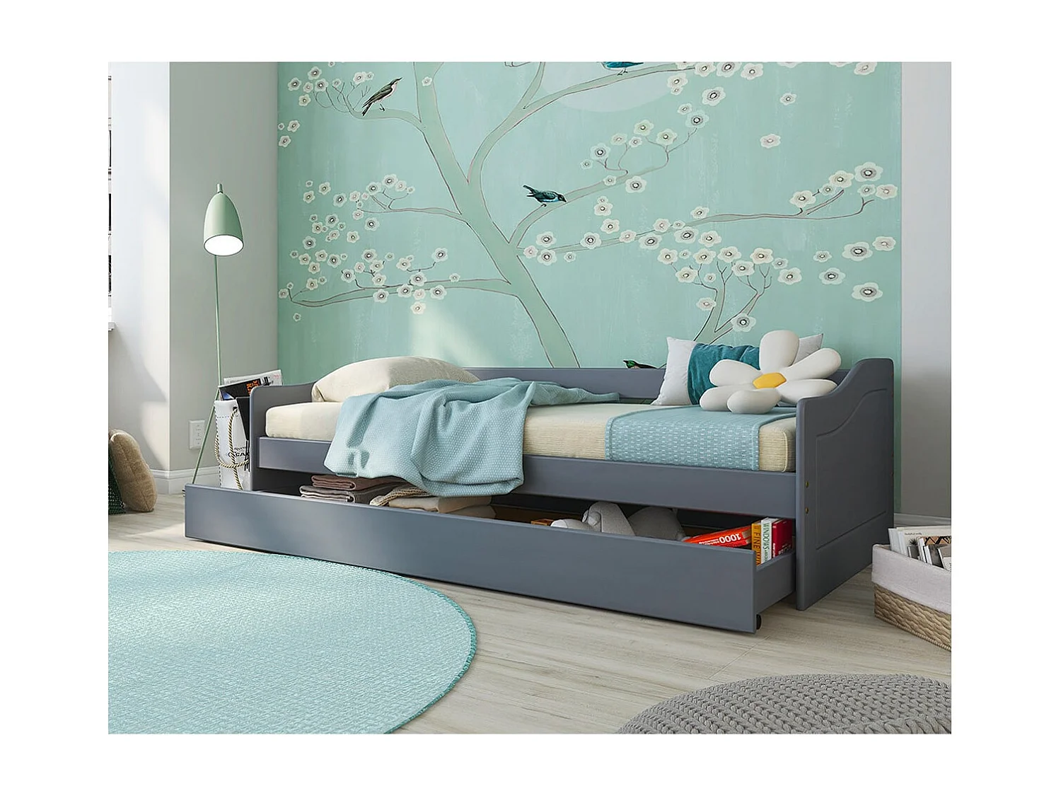 CANTARI - Lit Gigogne 90x200cm en Pin Massif Coloris Gris