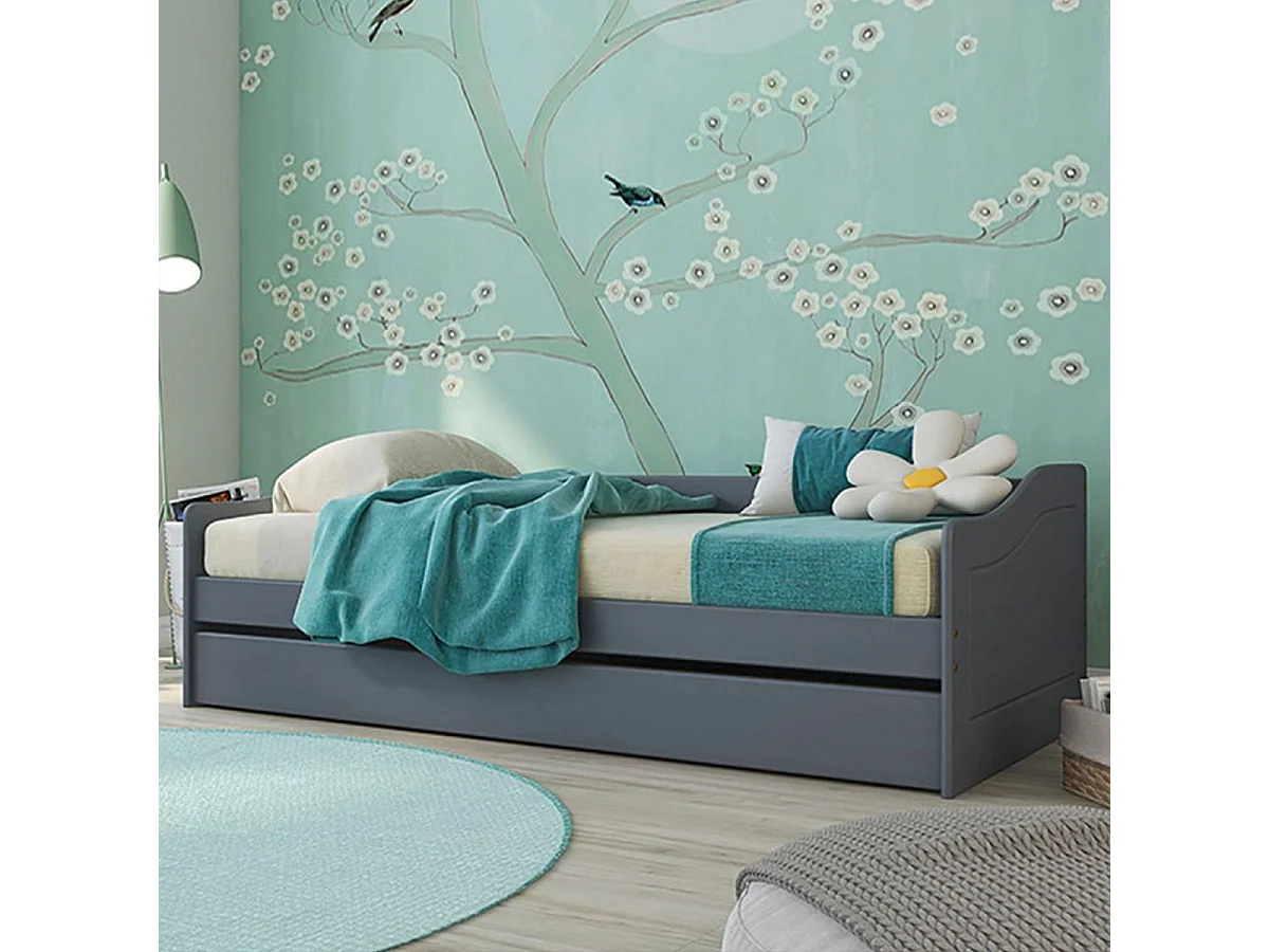 CANTARI - Lit Gigogne 90x200cm en Pin Massif Coloris Gris
