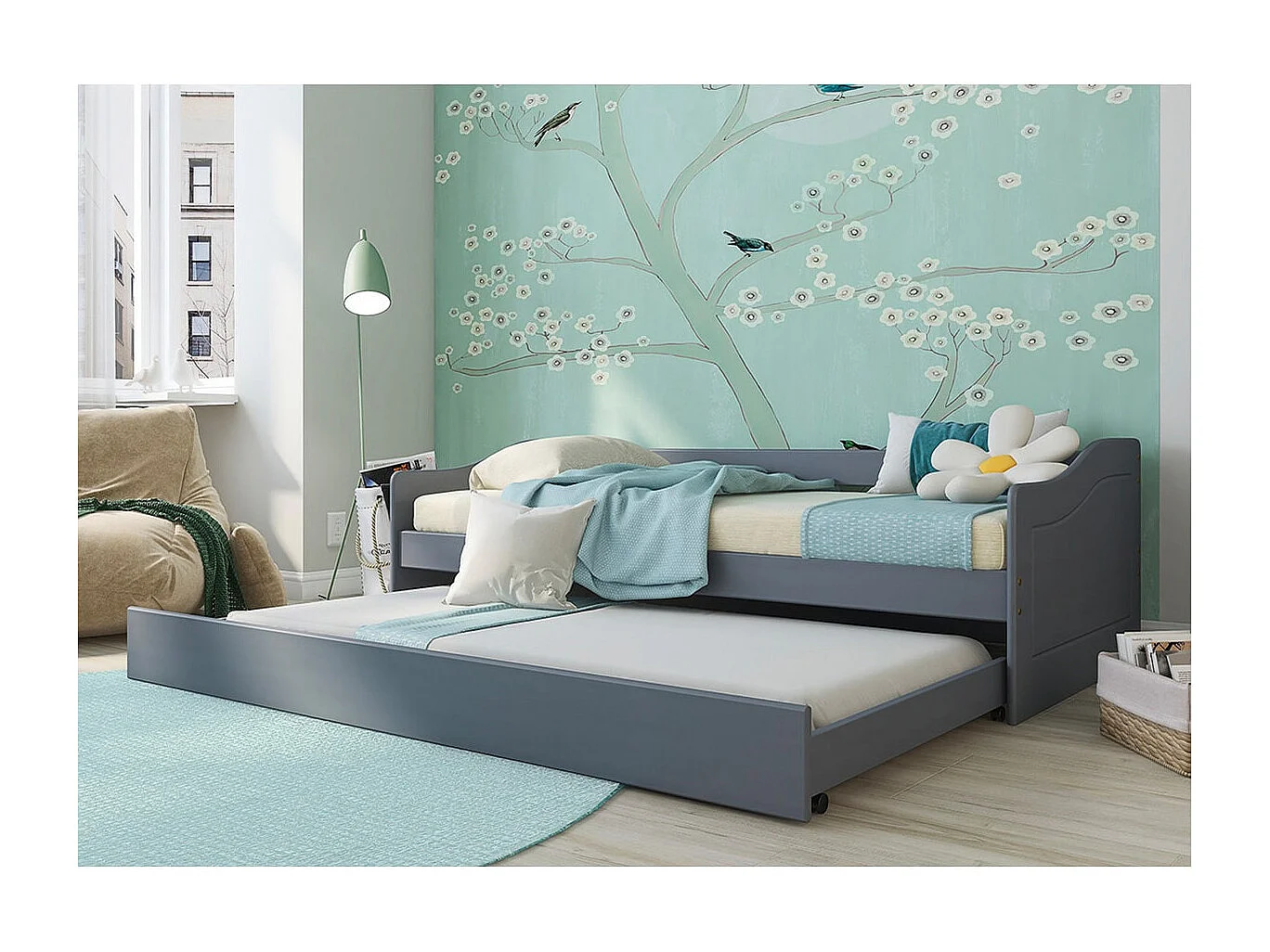 CANTARI - Lit Gigogne 90x200cm en Pin Massif Coloris Gris