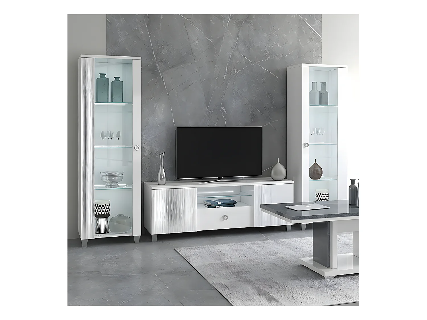 MARIKA - Meuble TV 2 Portes Laqué Blanc avec Leds