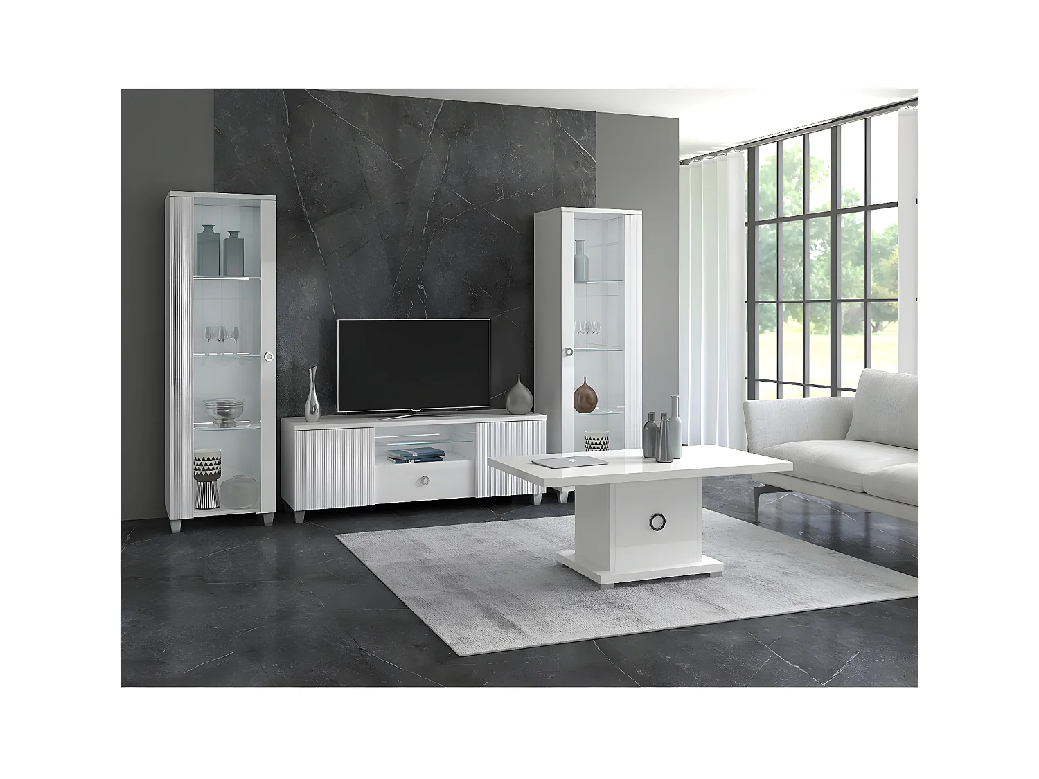 MARIKA - Meuble TV 2 Portes Laqué Blanc avec Leds