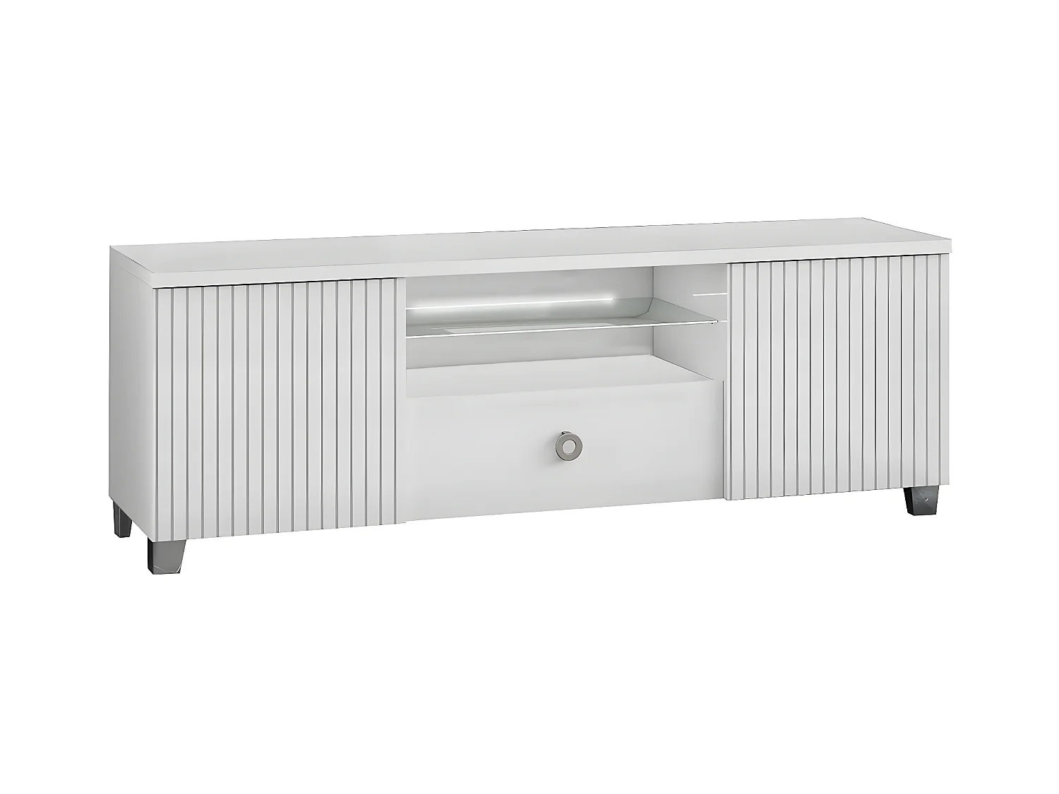 MARIKA - Meuble TV 2 Portes Laqué Blanc avec Leds