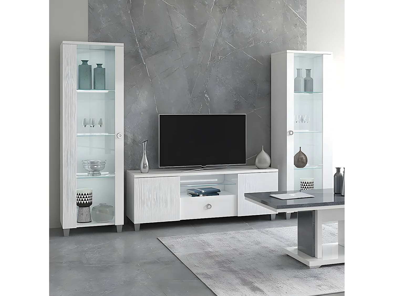 MARIKA - Meuble TV 2 Portes Laqué Blanc avec Leds