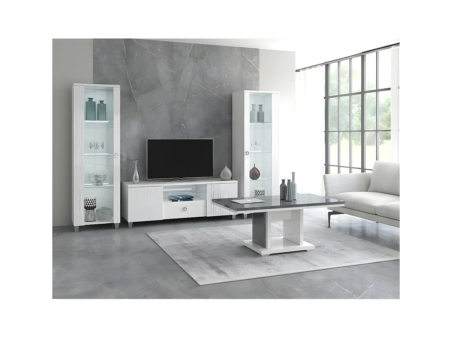 MARIKA - Table Basse Effet Pierre Pied Central Ouvert