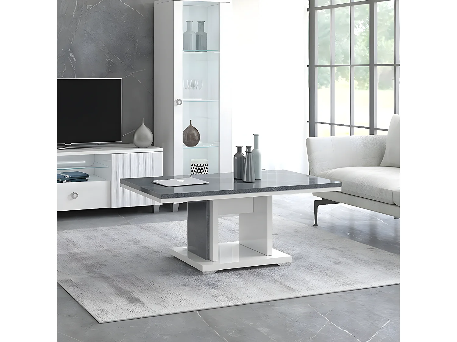 MARIKA - Table Basse Effet Pierre Pied Central Ouvert