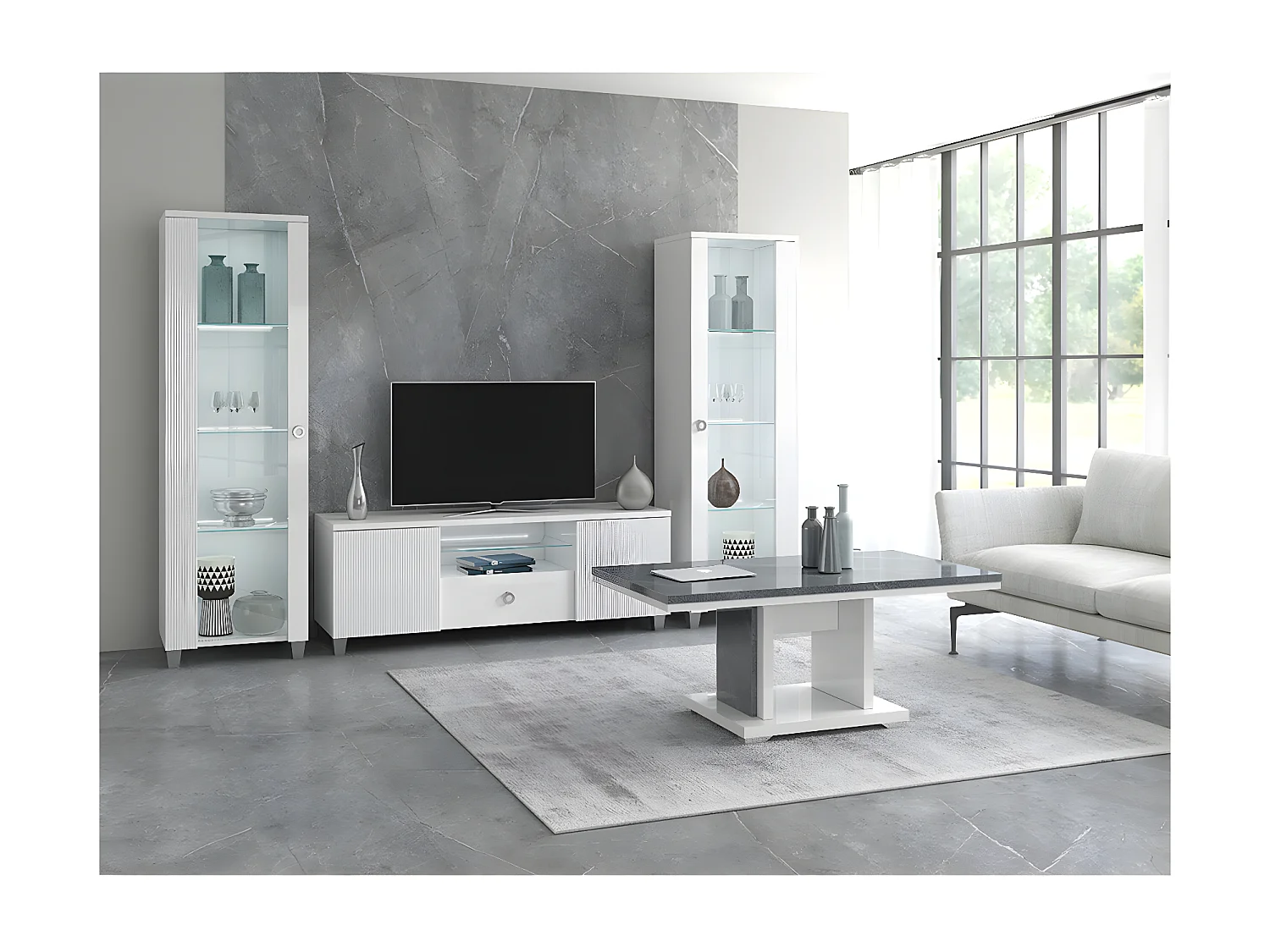 MARIKA - Table Basse Effet Pierre Pied Central Ouvert