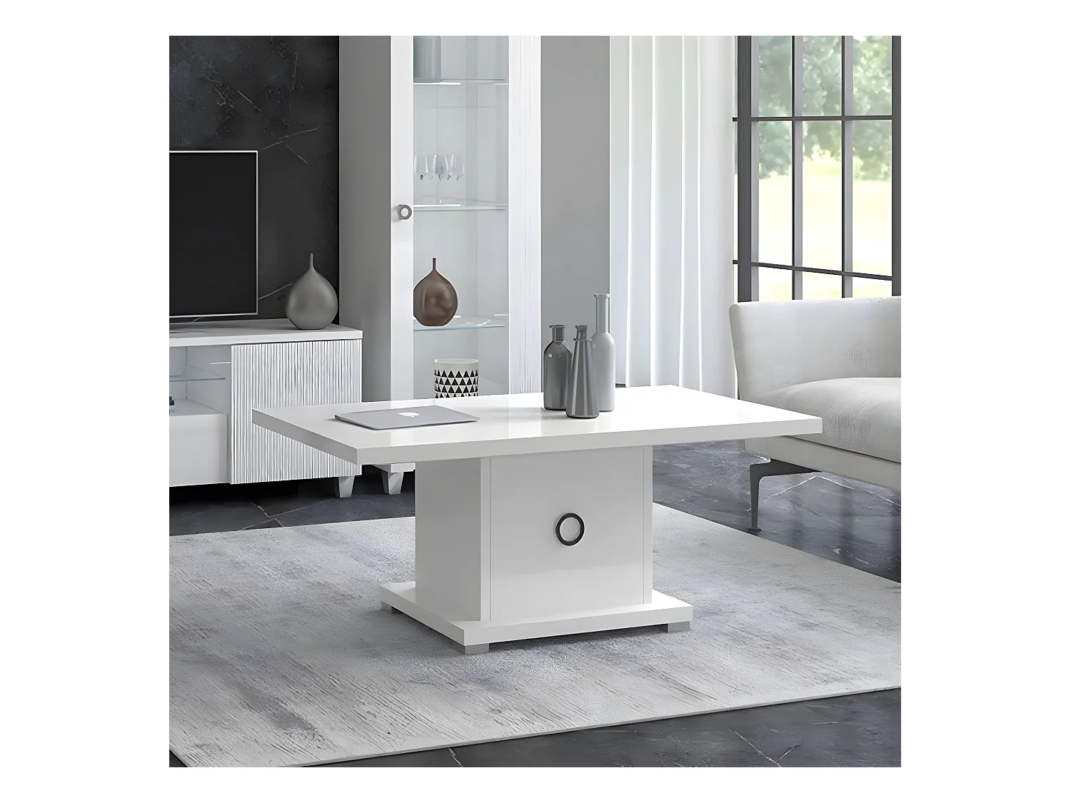 MARIKA - Table Basse Laquée Blanche avec Pied Central