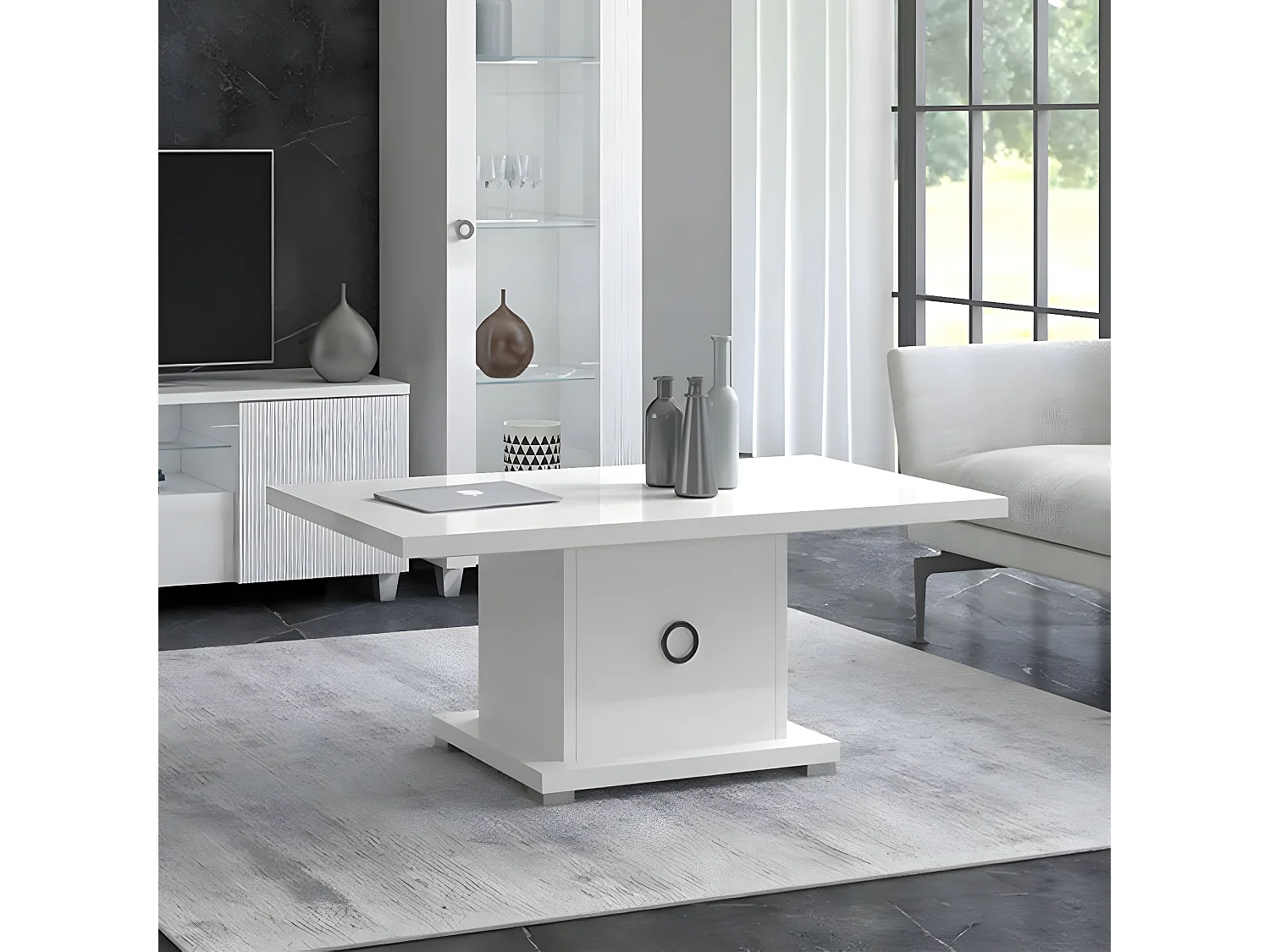 MARIKA - Table Basse Laquée Blanche avec Pied Central