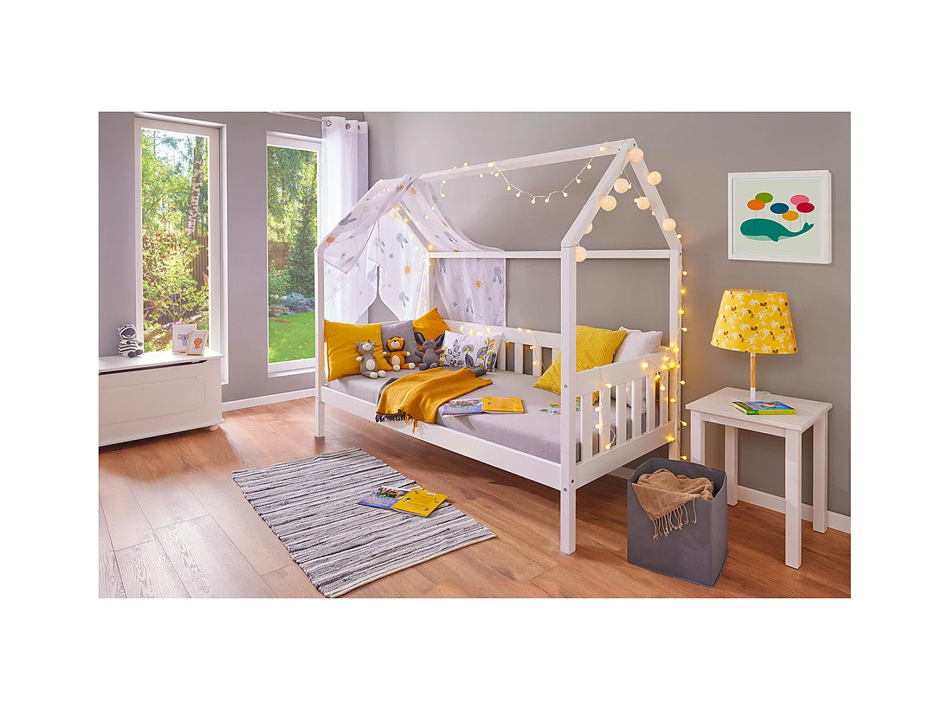 SARRY - Pack Complet avec Lit Cabane à Barrières 90x200cm Pin Massif