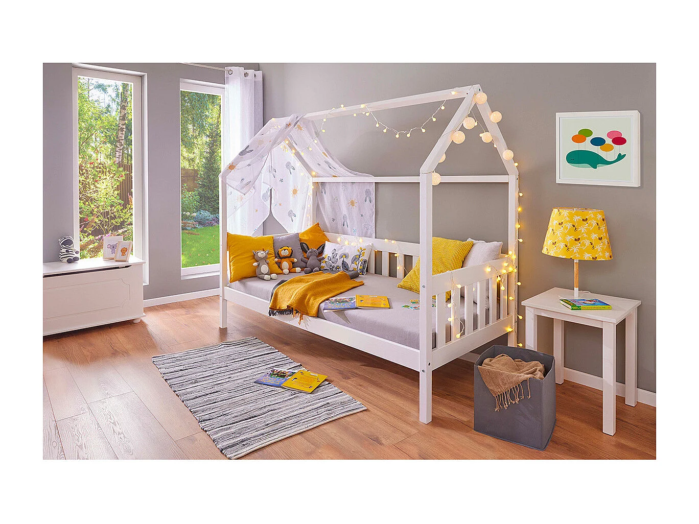 SARRY - Pack Complet avec Lit Cabane à Barrières 90x200cm Pin Massif