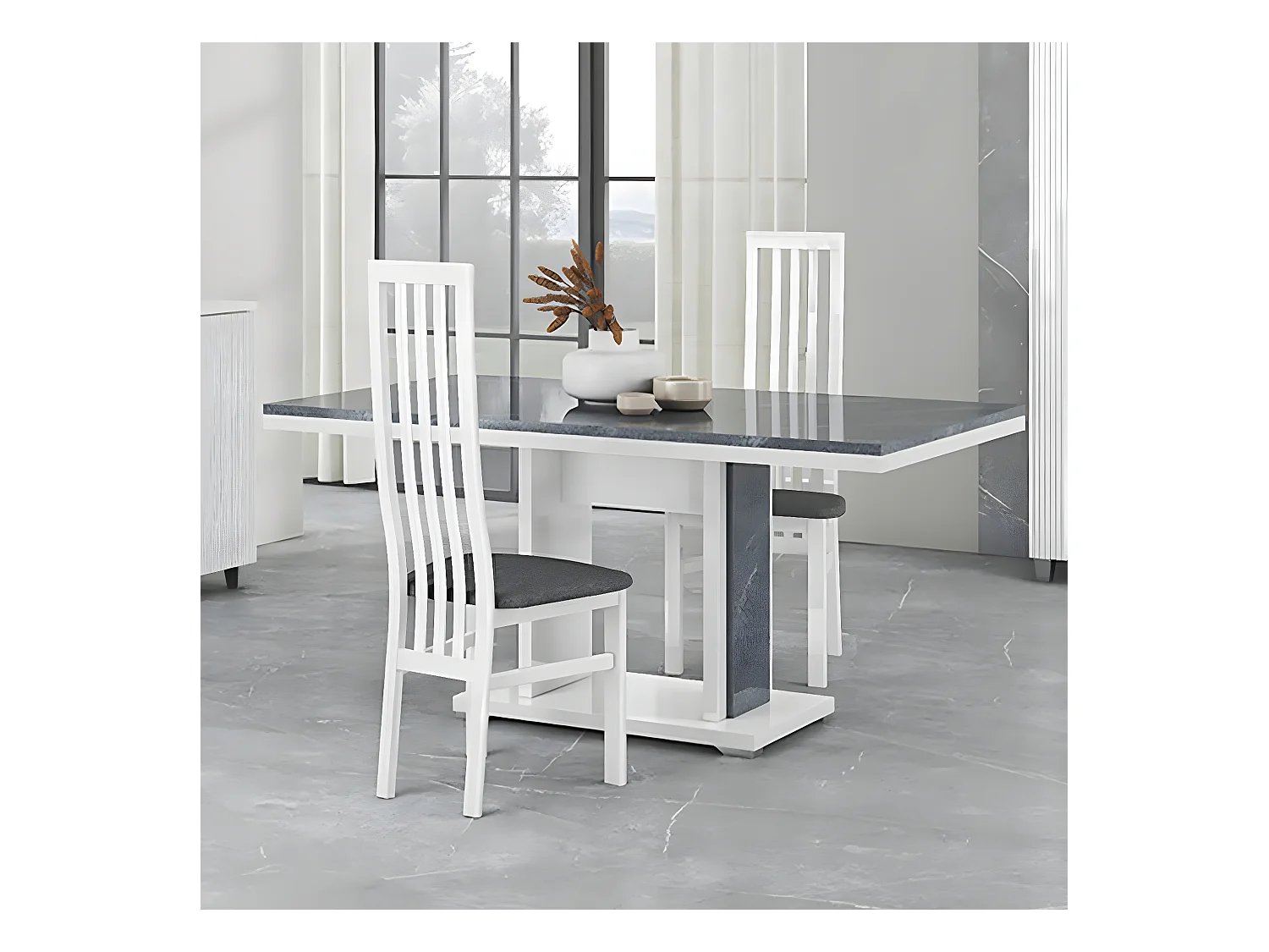 MARIKA - Table Repas 160cm Effet Pierre Pied Central Ouvert