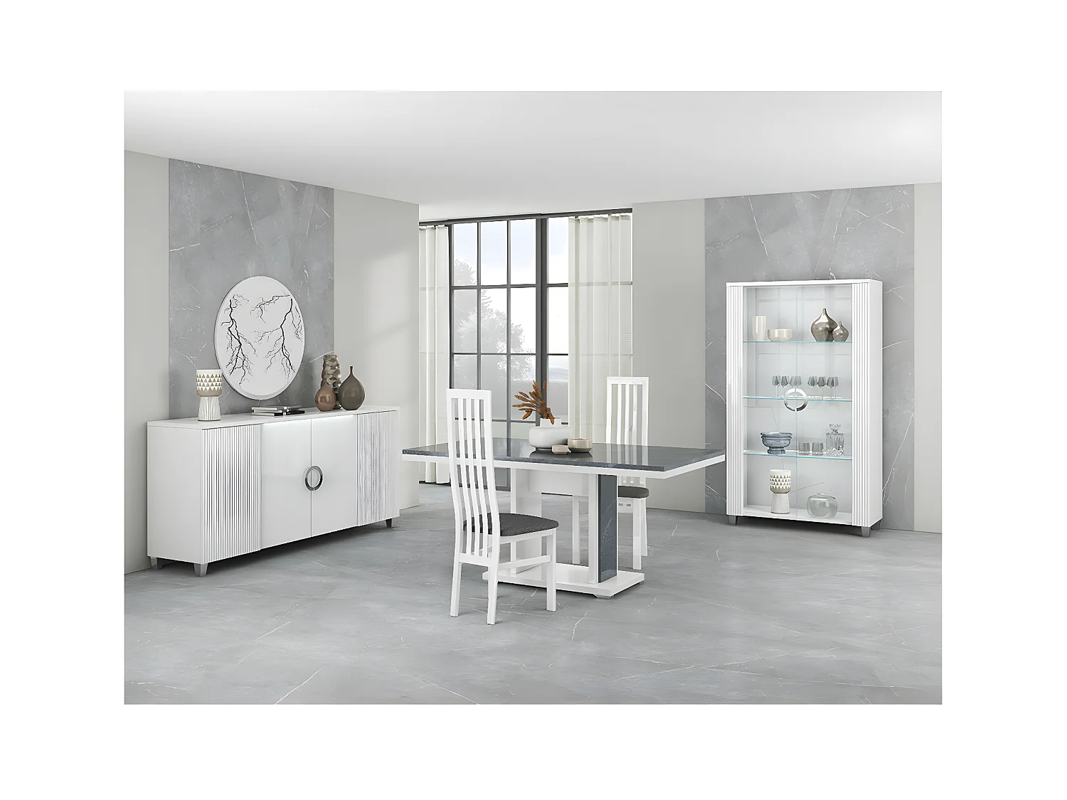 MARIKA - Table Repas 160cm Effet Pierre Pied Central Ouvert