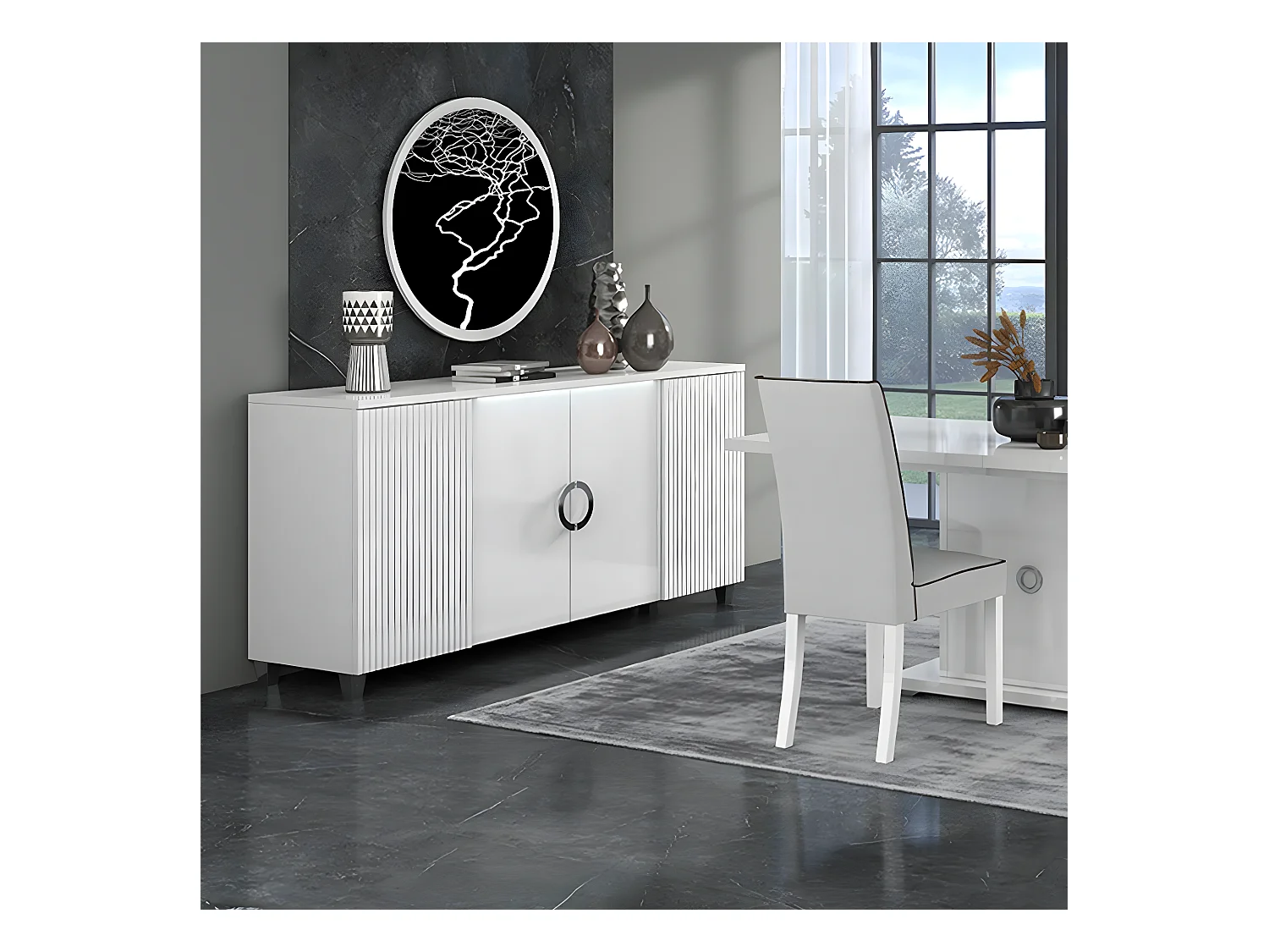 MARIKA - Buffet 4 Portes Laqué Blanc avec Leds